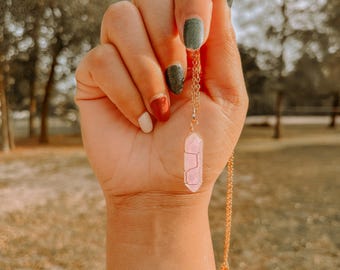 Pink Rose Quartz Bullet Pendant Necklace | 14K Gold Plated Stainless Steel | 24-Inch Tarnish-Resistant Chain
