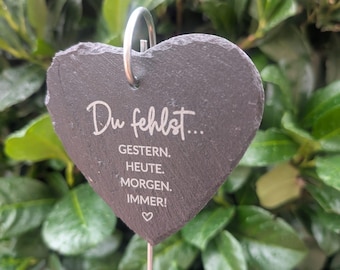 Schieferherz mit Metallstab / Grabschmuck mit Gravur / Grabdeko / Gedenktafel / Trauergeschenk / graviert / 10 cm / personalisierbar!