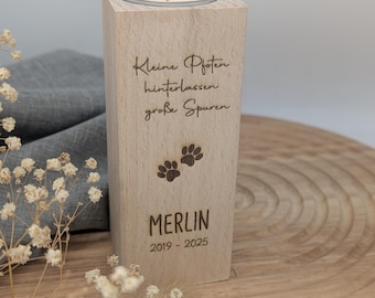 Trostlicht Hund Katze / Trauerlicht  / Gedenklicht / Trauergeschenk / Gedenken Hund Katze /graviert/ Teelichthalter Holz / personalisierbar