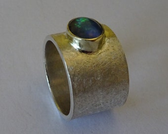 14 mm wide silver ring chiseled with opal