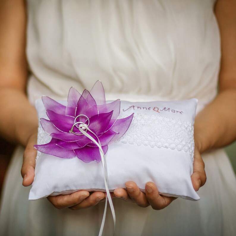 Ring cushion embroidered with large water lily and name image 2