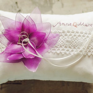 Ring cushion embroidered with large water lily and name image 1