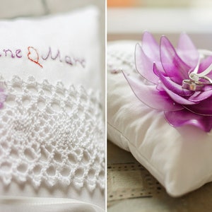 Ring cushion embroidered with large water lily and name image 3
