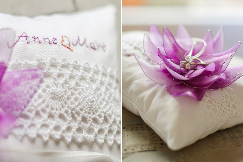 Ring cushion embroidered with large water lily and name image 3