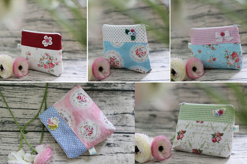 May include: Five different small zippered pouches with floral patterns. Each pouch has a different fabric on the top and bottom. The pouches are all about 4 inches wide and 5 inches tall.