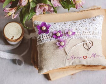 Ring cushion embroidered with water lily and name