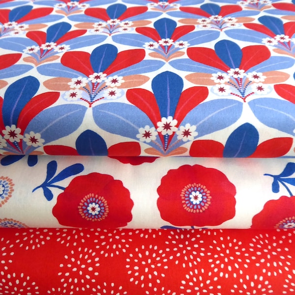 Tissu poplin coton « Emilie 2021 » Rouge-Bleu Sélection Hilco