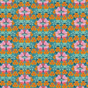 May include: A teal blue background with a repeating pattern of pink butterflies and orange flowers. The butterflies have a stylized design with a pink body and white wings. The flowers are a simple orange circle with a yellow center.