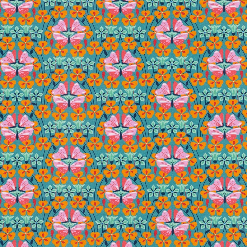 May include: A teal blue background with a repeating pattern of pink butterflies and orange flowers. The butterflies have a stylized design with a pink body and white wings. The flowers are a simple orange circle with a yellow center.