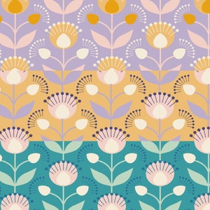 Peut inclure: Un motif floral sans couture avec des fleurs stylisées dans des tons de rose, blanc, jaune et violet sur un fond de violet clair, jaune et turquoise.