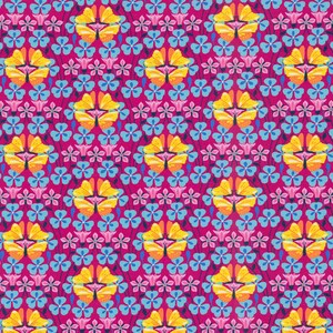 May include: A seamless pattern featuring yellow butterflies with orange accents on a pink background with blue and pink flowers.