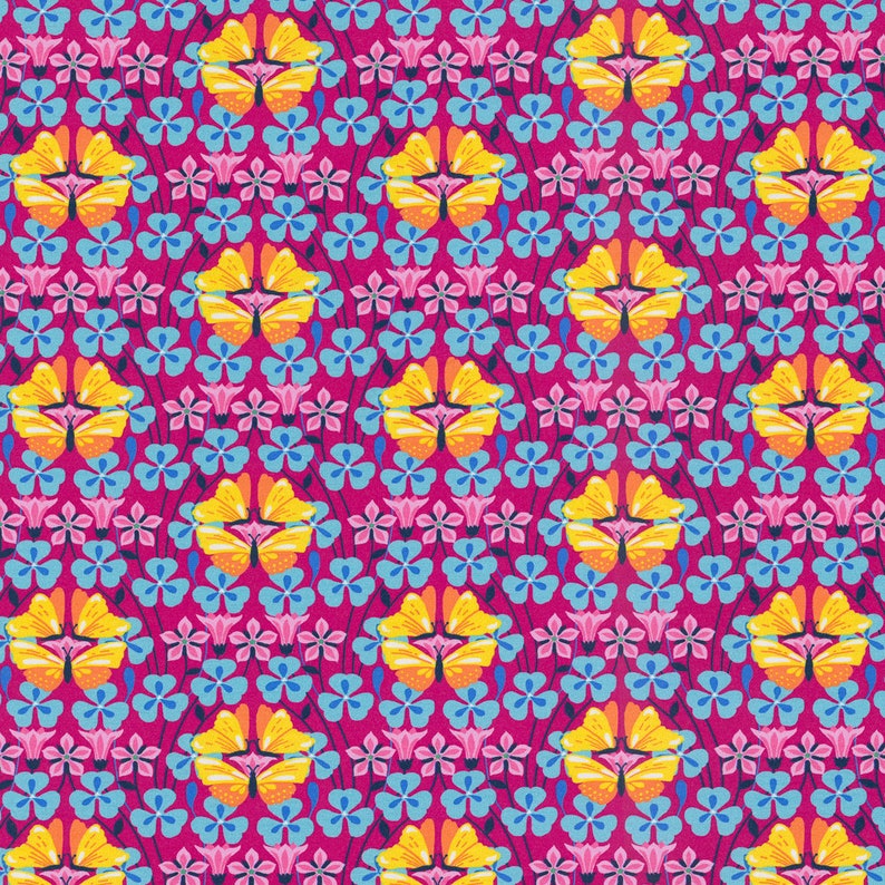 May include: A seamless pattern featuring yellow butterflies with orange accents on a pink background with blue and pink flowers.