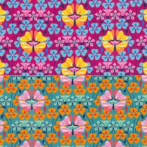 May include: A seamless pattern featuring colorful butterflies and flowers on a pink and teal background. The butterflies are yellow and pink with black outlines. The flowers are pink, blue, and green.