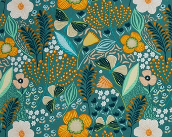 Coated cotton "Flowers" petrol-colored Leona