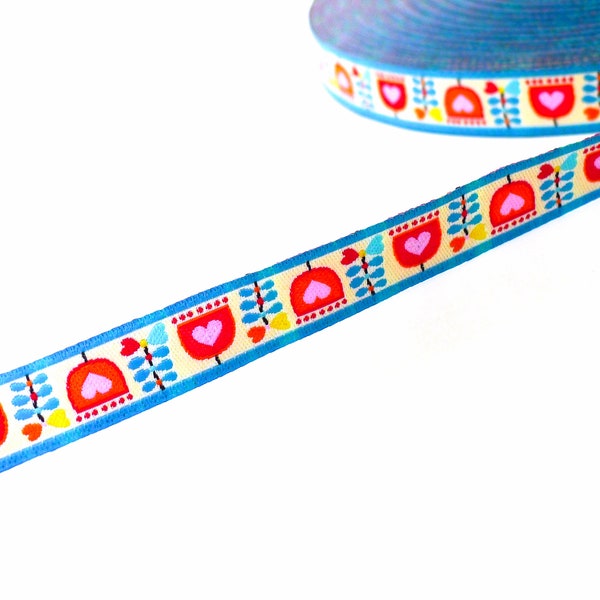 Woven ribbon "Sweet Tulips" turquoise-colorful 12 mm Jolijou