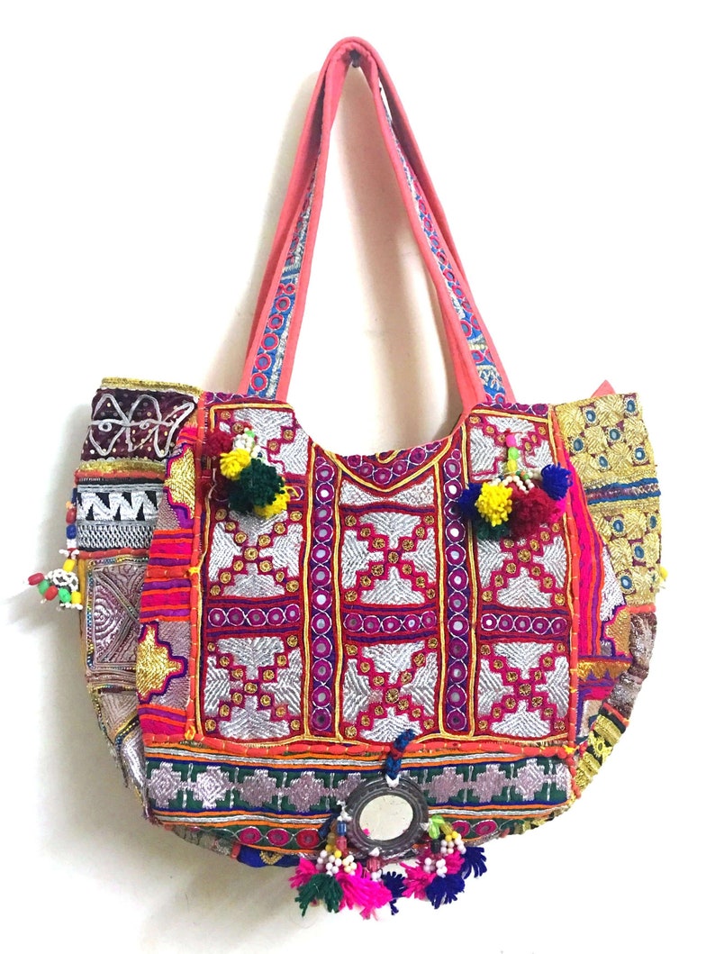 Indian Vintage Banjara Hand Embroidery Mirror Work Pom Pom Tassels Boho Embellishments Multi color Tribal Hippie Gypsy Large Tote Cotton Bag