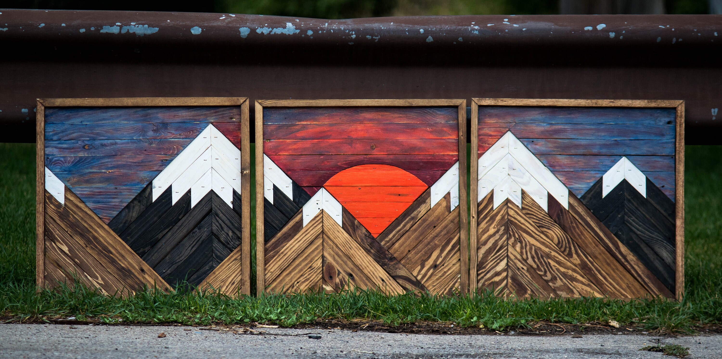Mountain Wood Wall Art/ 3 Panel Mountain Sunset Scene/ made Etsy