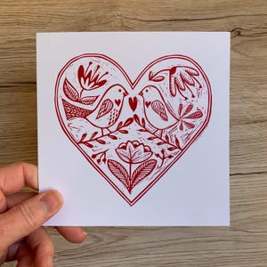 Carte linogravure | Oiseaux d'amour | Art populaire | Carte imprimée à la main