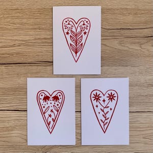 Pack of 3 Note Cards | Folk Art Hearts | Linoprint Card
