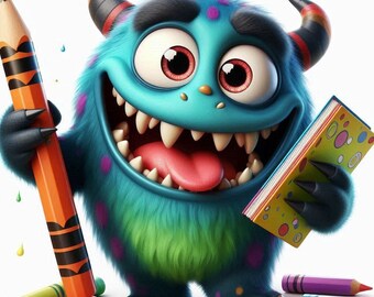 Puede incluir: Un monstruo azul con una gran sonrisa sostiene un libro colorido y un gran lápiz naranja. El monstruo está rodeado de lápices de colores. El texto "Malbuch Kids" está en la parte superior de la imagen. El texto "Kreatives Malbuch für Kinder" está en la esquina superior derecha de la imagen. El texto "Dragam Design" está en la parte inferior de la imagen.