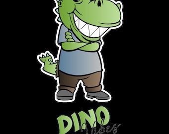 May include: A cartoon green dinosaur with a toothy grin, wearing a blue shirt and brown pants, with the text "DINO Vibes" below.