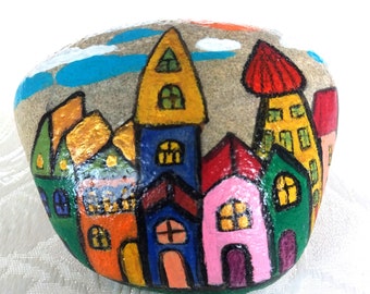 Lucky Charm Stone, Pebble Hand-Painted, Dream City, Nature Modern Decoration Design Stone