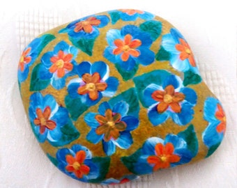 Hand-painted stone, lucky charm, paperweight, spring nature stone, flowers stone