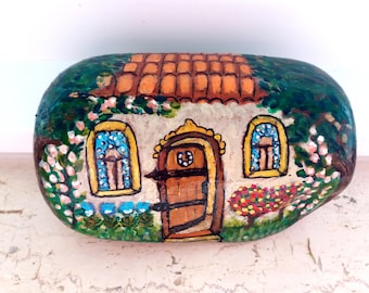 Lucky charm, hand-painted pebble, fairy tale dream house stone, decorative modern design