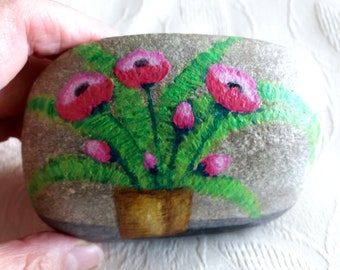 Lucky charm stone, painted pebble, flower stone, unique natural stone, vintage stone