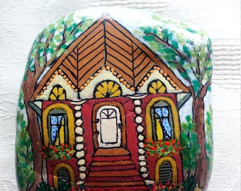 Lucky charm, hand-painted pebble, dream villa stone, decorative modern design, fairy tale house