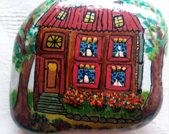 Lucky charm, hand-painted pebble, dream villa stone, decorative modern design, fairy tale house