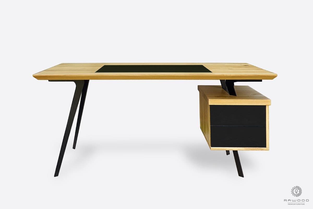 Oak Office Desk With Leather on Steel Legs Premium Furniture - Etsy Sweden