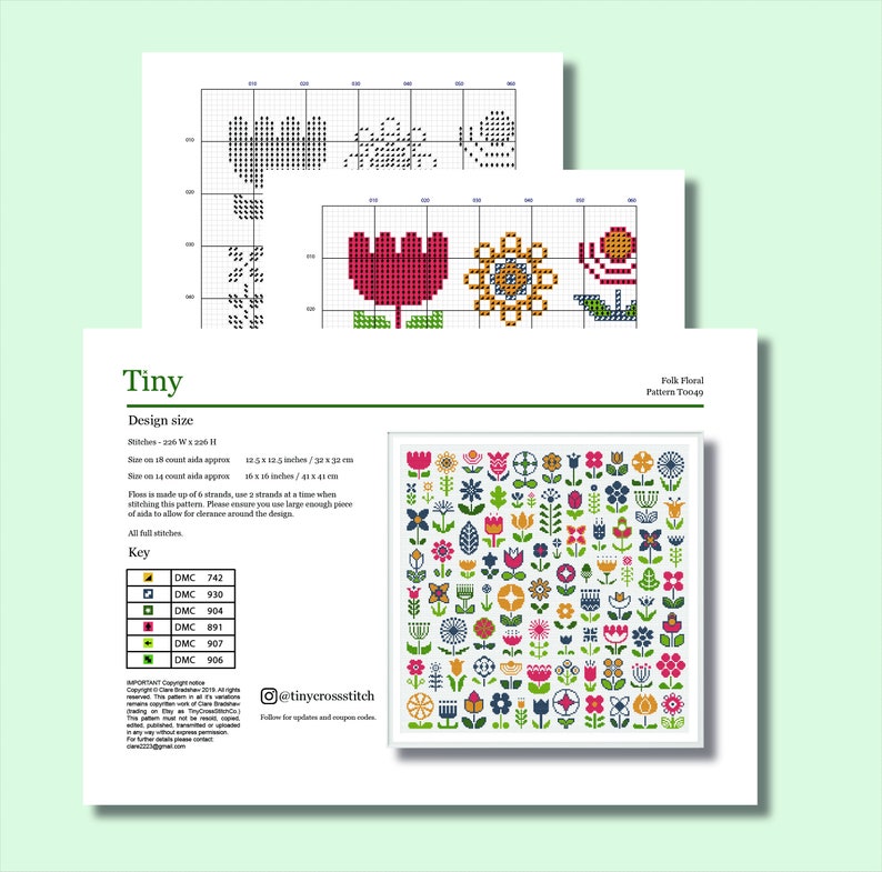 May include: Cross stitch pattern for a folk floral design with a variety of flowers, butterflies, and leaves. The pattern is 220 stitches wide and 225 stitches high. The pattern is designed to be stitched on 18 count Aida fabric, which would result in a finished size of 12.5 inches by 12.5 inches. The pattern is also designed to be stitched on 14 count Aida fabric, which would result in a finished size of 16 inches by 16 inches. The pattern includes a key with DMC floss colors.