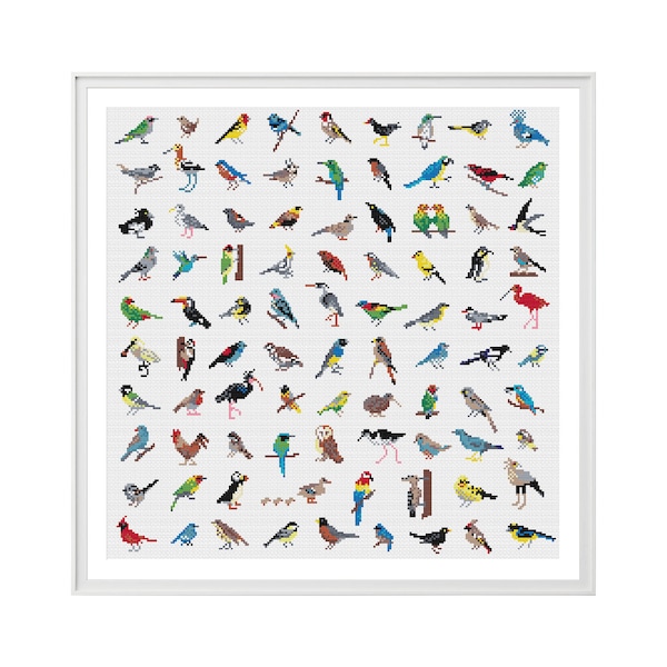 Bird Cross Stitch Pattern (Instant download, Digital Format, PDF) -  Modern Cross Stitch Chart with birds galore by Tiny Cross Stitch Co