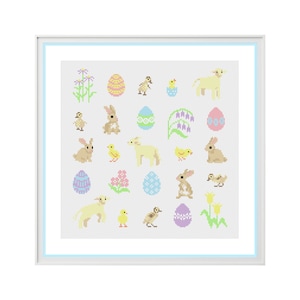 May include: A colourful cross-stitch pattern featuring Easter-themed imagery, including bunnies, chicks, lambs, eggs, flowers, and a basket. The pattern is set against a white background.