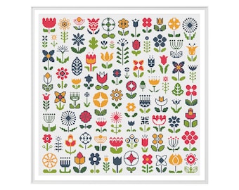 Folk Flowers Cross Stitch Pattern (Digital Download - PDF) - Modern Folk Floral Cross Stitch Chart by Tiny Cross Stitch Co