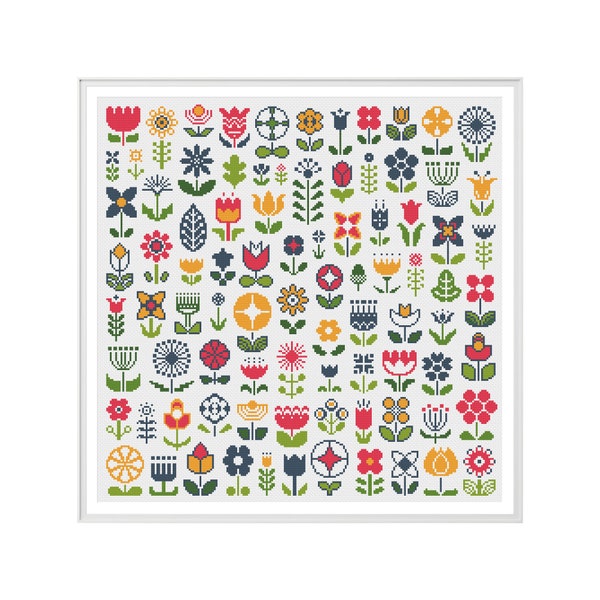 Folk Blumen Kreuzstichmuster (Digitaler Download - PDF) - Moderne Folklore Blumen Kreuzstichvorlage von Tiny Cross Stitch Co