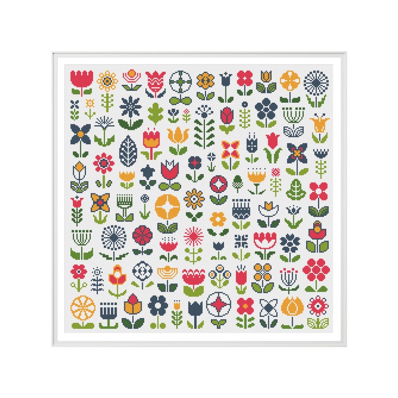 Folk Flowers Cross Stitch Pattern (Digital Download - PDF) - Modern Folk Floral Cross Stitch Chart by Tiny Cross Stitch Co 