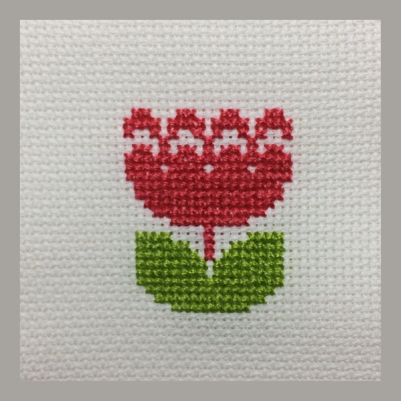 May include: A red cross-stitch flower with a green stem and leaves.