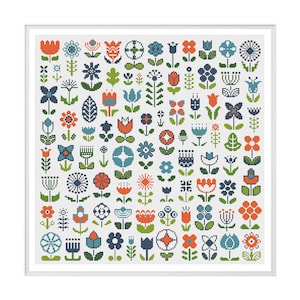 May include: A white background with a grid of colorful floral patterns in shades of blue, green, orange, and red. The patterns are simple and geometric, resembling Scandinavian folk art.