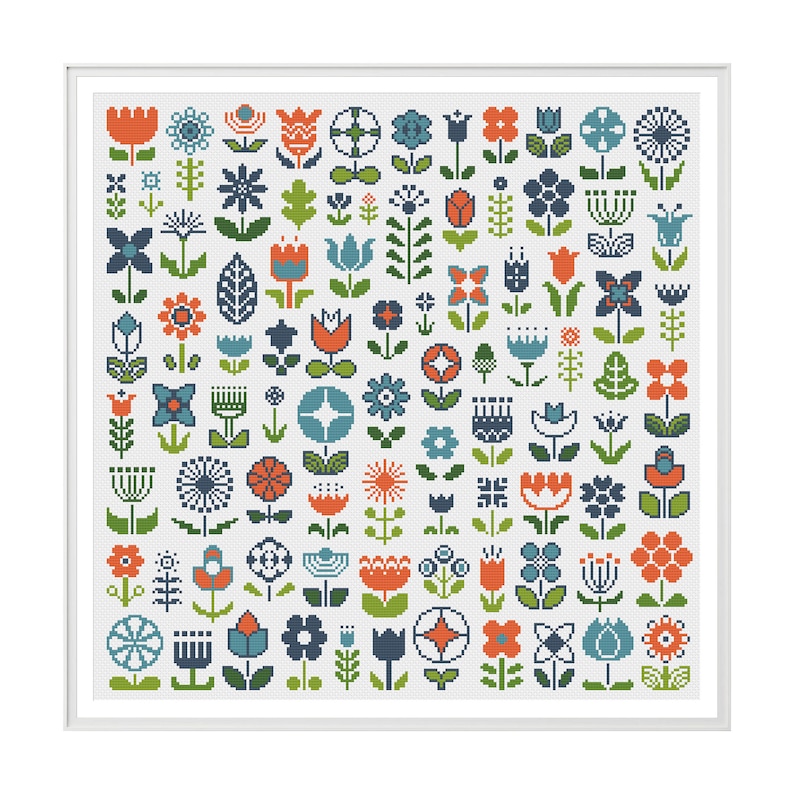 May include: A white background with a grid of colorful floral patterns in shades of blue, green, orange, and red. The patterns are simple and geometric, resembling Scandinavian folk art.