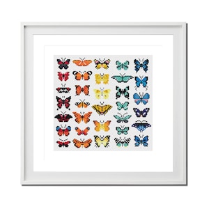May include: A colorful collection of 36 pixelated butterflies in various shades of blue, orange, yellow, and red. The butterflies are arranged in rows and columns, creating a symmetrical pattern.