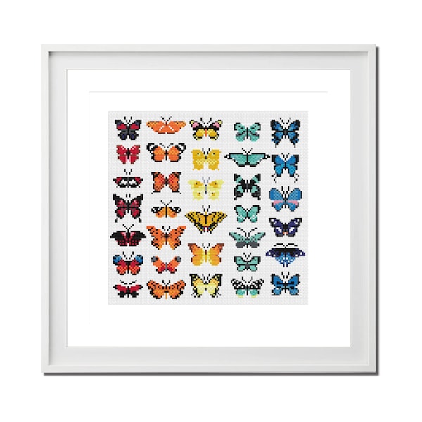 Butterflies , rainbow selection, Cross Stitch Pattern (Digital Format PDF) - Modern Cross Stitch Charts by Tiny Cross Stitch Co