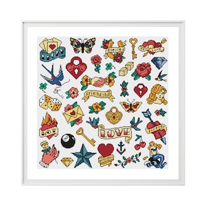 Tattoo Cross Stitch Pattern (Digital Download - PDF) - Modern Cross Stitch Chart by Tiny Cross Stitch Co