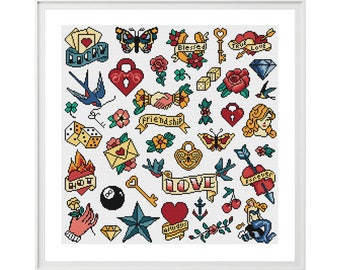 Korsstygnsmönster för tatuering (digital nedladdning - PDF) - Modernt korsstygnsdiagram av Tiny Cross Stitch Co