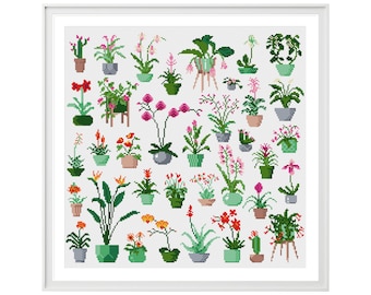 Blühende Pflanzen-Kreuzstichmuster (Digitaler Download - PDF) - Moderne Blumen-Kreuzstichkarten von Tiny Cross Stitch Co