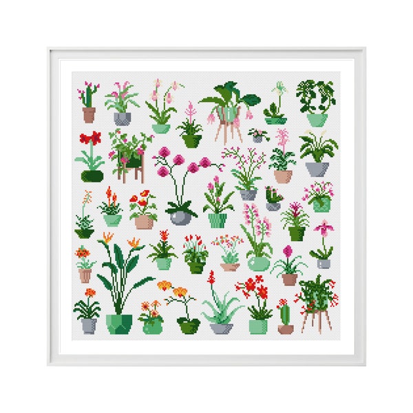 Flowering Plant Cross Stitch Pattern (Digital Download - PDF) - Modern Flowers Cross Stitch Charts by Tiny Cross Stitch Co