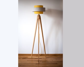 Tripod floor lamp tripod retro 60s- 70s cylinder design floor lamp standard lamp fabric mustard yellow grey