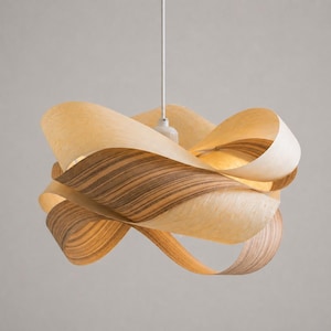 May include: A modern pendant light fixture with a unique, sculptural design. The light is made of layered, curved wood strips in shades of light and dark brown. The fixture hangs from a white cord against a neutral background.