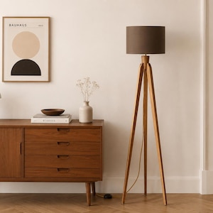 Tripod Floor Lamp Tripod Retro 60-70 Design cylinder retro beech oak brown warm light